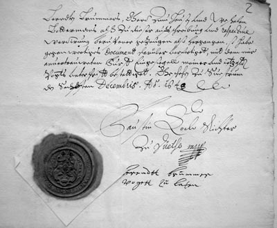 Der Richter Faustin Kock besiegelt und unterschreibt zusammen mit dem Vogt zu Lathen Berendt Brmmer die Nachlassaufnahme eines eigenbehrigen Bauern aus Sustrum, 1648. (StA OS, Dep 62 b Nr. 112, Bl. 23)